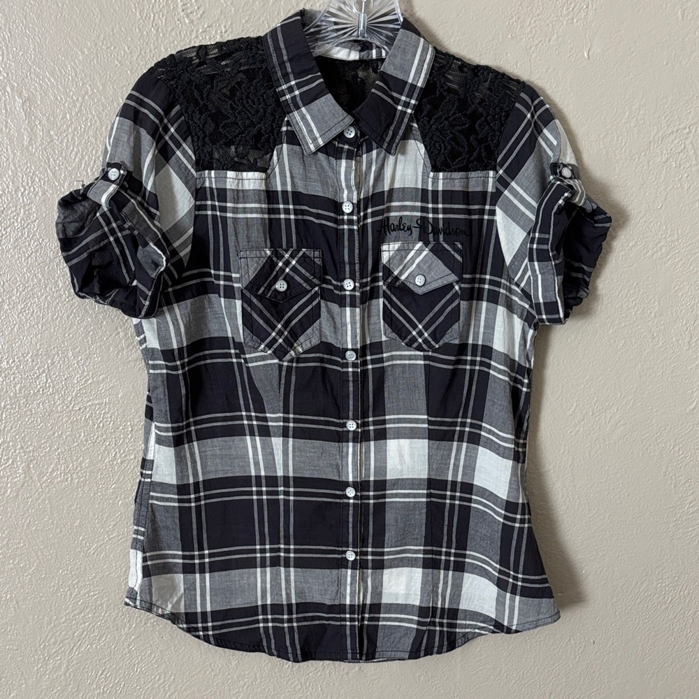 Harley-Davidson Women’s Plaid Short Sleeve Top Small Black White
